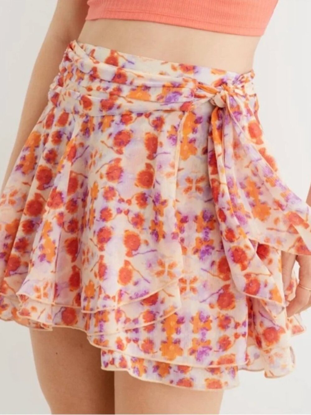 Vibrant Floral Chiffon Ruffle Wrap Mini Skirt